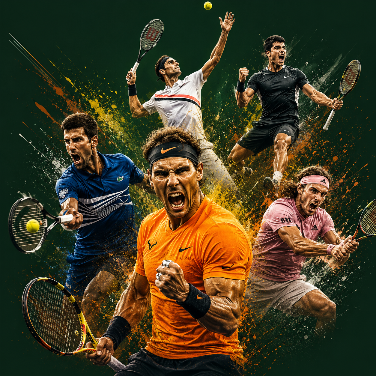 Stylized collage of tennis champions in action — Djokovic, Federer, Nadal, Alcaraz and Tsitsipas — against a dark green background with explosive yellow and orange paint splashes